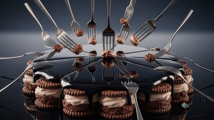 A surreal dessert presentation featuring chocolate cookies with cream filling arranged around a glossy black surface, forks suspended midair, creating a whimsical and artistic food still life