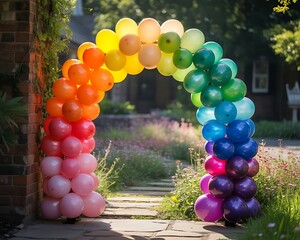 Vibrant rainbow balloon archway creates a festive entrance for an outdoor celebration or event inviting guests with colorful cheer