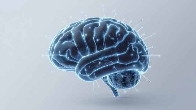 Glowing blue digital brain with intricate neural network connections and light particles emanating from its surface isolated on transparent background