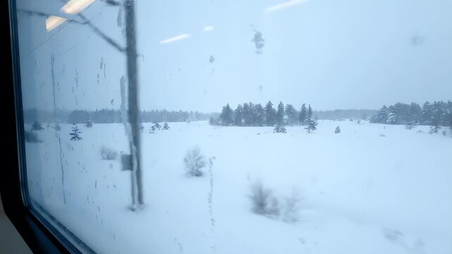 Snowy landscape seen through a train window during winter travel.