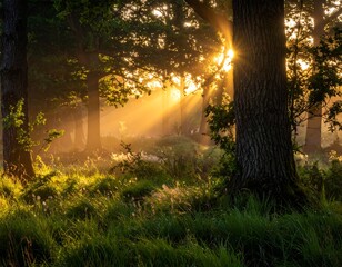 Sun rays stream through trees in a lush, green woodland