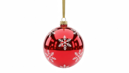 Isolated red christmas ornament with white snowflakes hanging from a golden ribbon loop on black on transparent background