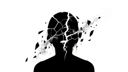 Silhouette of a cracking human head with smoke face