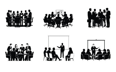 Silhouette illustrations of business meetings presentations and collaborative teamwork scenarios