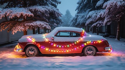 Vintage red car adorned with colorful festive christmas lights parked in a snowy winter wonderland forest setting