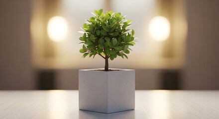 Fototapeta premium Small potted plant on a table with blurred background lighting