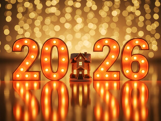 Real estate 2026 market forecast for 2026 with illuminated numbers and house, Real estate 2026