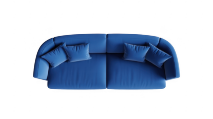 Top view of a plush blue sofa with four square cushions on a black background isolated on a transparent background