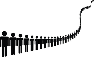 Long line of shrinking black stick figure silhouettes stretching into the distance along an upward curve, representing exponential growth, queue, crowd, progress, population increase,