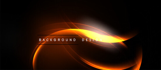 Abstract orange lines over black background. Smooth curves create dynamic visual effect. Text reads background design. Simple, modern aesthetic.
