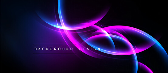 Abstract neon lines create dynamic background. Vivid purple, blue hues dominate dark space. Modern design element.