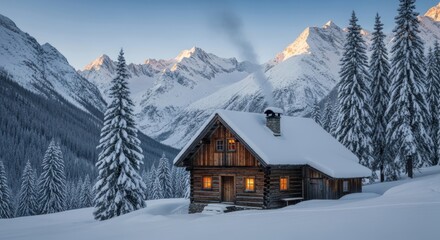 Cozy wooden log cabin with smoking chimney in snowy mountains