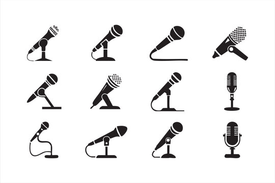 Microphone icon set with handheld, studio and vintage broadcast designs