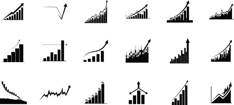 Set of black and white business graph icons