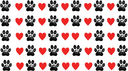Repeating Pattern of Glossy Black Animal Paw Prints and Bright Red Heart Icons, Symbolizing Pet Love, Loyalty, Veterinary Care, Dog Grooming, and Animal Rescue for Cute Background Designs