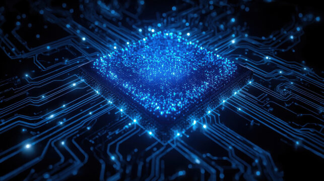 Abstract glowing blue digital circuit board with intricate pathways and a central luminous microchip isolated on transparent background