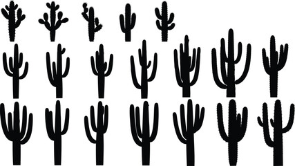 Set of eighteen solid black silhouette vector illustrations of various cactus plants, including saguaro and prickly pear species, representing desert, succulent, western, arid landscape