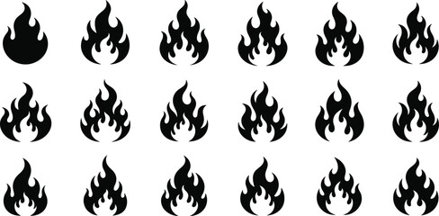 Set of fifteen detailed vector silhouette icons depicting various shapes of flame and fire, representing heat, danger, energy, passion, burning, and hot effects, isolated on a white background.