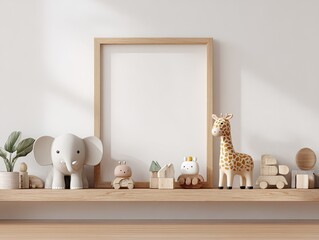 A wooden shelf featuring animal figurines, a framed blank space, and a potted plant, against a white wall
