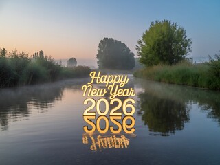 Golden illuminated happy new year 2026 text reflects beautifully on the calm water surface of a serene river at sunrise