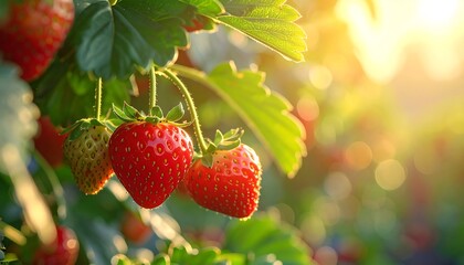 Close-up of ripe, red berries growing on leafy green plants bathed in warm sunlight, with a blurred background