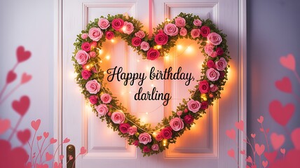 A beautiful heart shaped floral wreath adorned with twinkling lights and the heartfelt message happy birthday darling displayed on a door