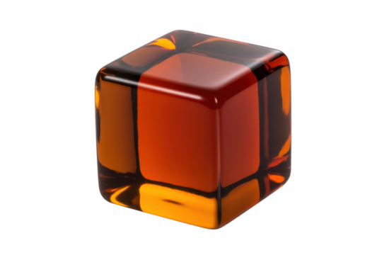 Translucent amber cube with rounded edges and internal reflections isolated on a transparent background