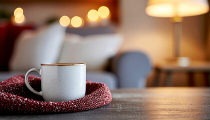 Cozy scene featuring a white mug on a red knitted scarf, with a blurred living room backdrop.