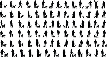 Silhouettes of diverse people walking their dogs, showcasing various breeds and sizes, enjoying outdoor leisure activities, pets companionship, isolated on white background for architecture 