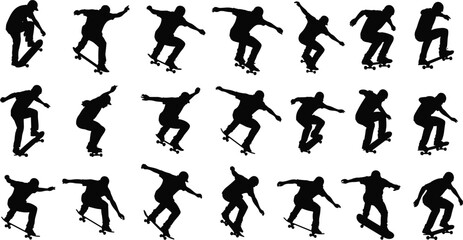 Skateboarder silhouette sequence collection showing extreme action tricks, jumps, and dynamic motion, captured as vector illustrations for sports, youth culture, freedom, and urban