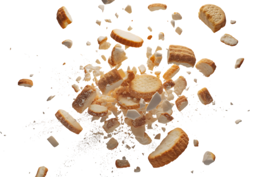 Potato chips exploding and flying in mid air isolated on transparent background