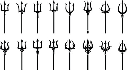 Trident silhouettes set, different shapes, ancient mythological weapon icons, Poseidon's fork, Neptune, devil, and divine power symbols, collection of vector graphics isolated on white background.