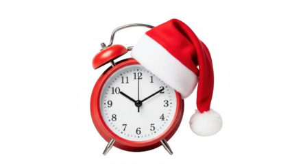 Red alarm clock with santa hat on black background indicating christmas is coming soon countdown begins on transparent background