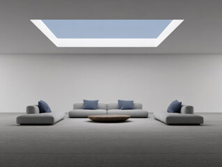 Modern living room with minimalistic furniture and natural light from skylight