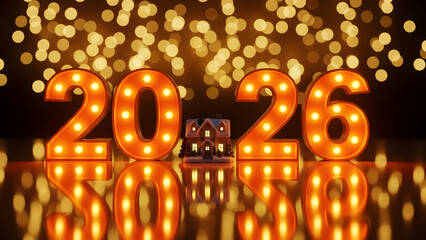 Real estate 2026 market forecast for 2026 with illuminated numbers and house, Real estate 2026