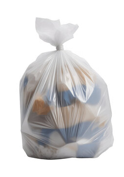 Translucent white plastic trash bag filled with assorted items and tied at the top isolated on a transparent background