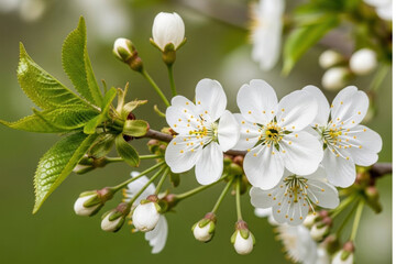 Close up shot of delicate white cherry blossoms in full bloom on a thin tree branch