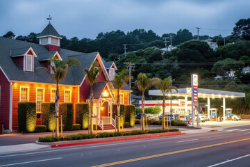 A bright slightly overexposed evening streetscape in a hillside town