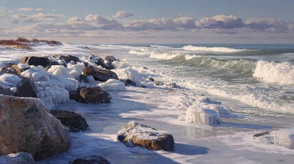 A serene winter beach scene featuring icy rocks beside gentle waves under a cloudy sky, evoking tranquility and the beauty of nature.