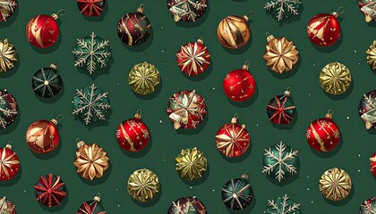 Seamless pattern of festive Christmas ornaments and snowflakes on a green background.