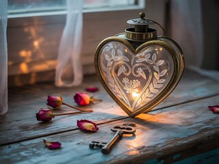 A vintage heart shaped glass lantern with intricate floral etching glows warmly on a rustic wooden surface surrounded by dried rose petals and a small antique key