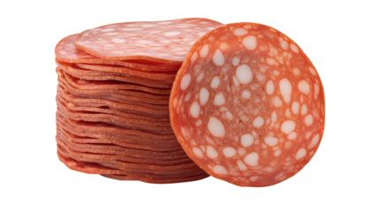 A vibrant stack of thinly sliced red pepperoni and a single prominent piece, perfect for pizza toppings or gourmet appetizers, isolated on transparent background