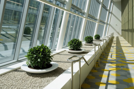 A bright modern indoor atrium corridor with a minimalist design