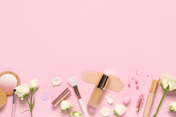Composition with white rose flowers, makeup products and samples on pink background