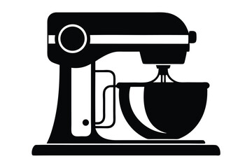 Black mixing machine with bowl sits prominently isolated on a clean white backdrop
