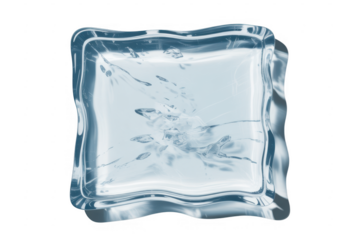 Transparent square ice cube with wavy edges and internal bubbles isolated on a transparent background