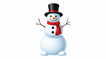 Illustration of a snowman with a black top hat and a red scarf on a black background space for text on transparent background