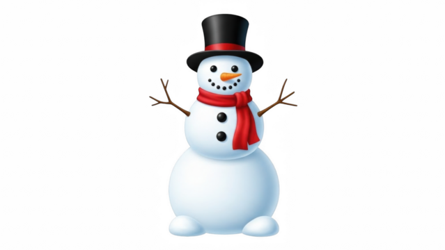 Illustration of a snowman with a black top hat and a red scarf on a black background space for text on transparent background