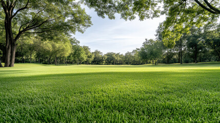 Lush green park lawn with sunlit trees and serene open space