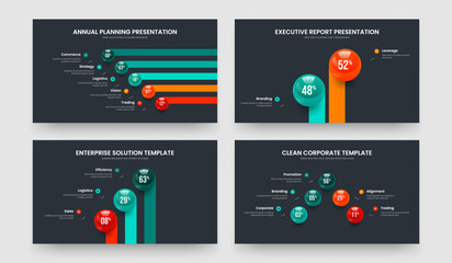 Educational Analysis 5 2 3 Step Graph Slide Template Bundle. Product Launch Five Two Three Element Infographic Slideshow Layout Vector Illustration Collection.